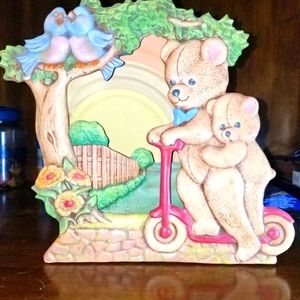 Hand Painted Teddy Bear & Blue Bird Light Up Ceramic Night Light Display Limited
